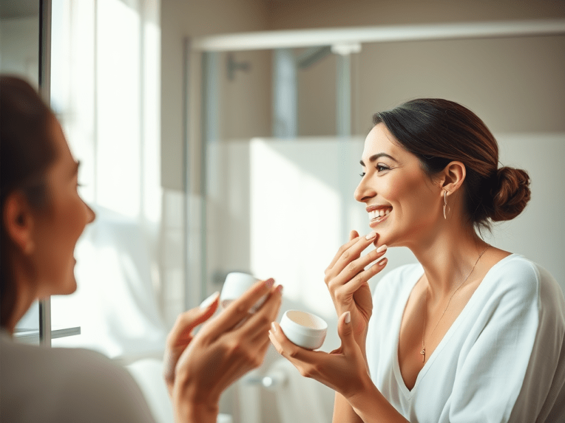 A woman smiling while applying cream to her face in a bright, modern bathroom setting.
